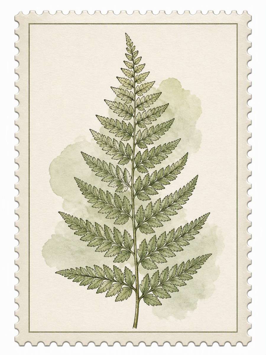 Fern Field-Study Stamp: AI-generated postage stamp image prompts example