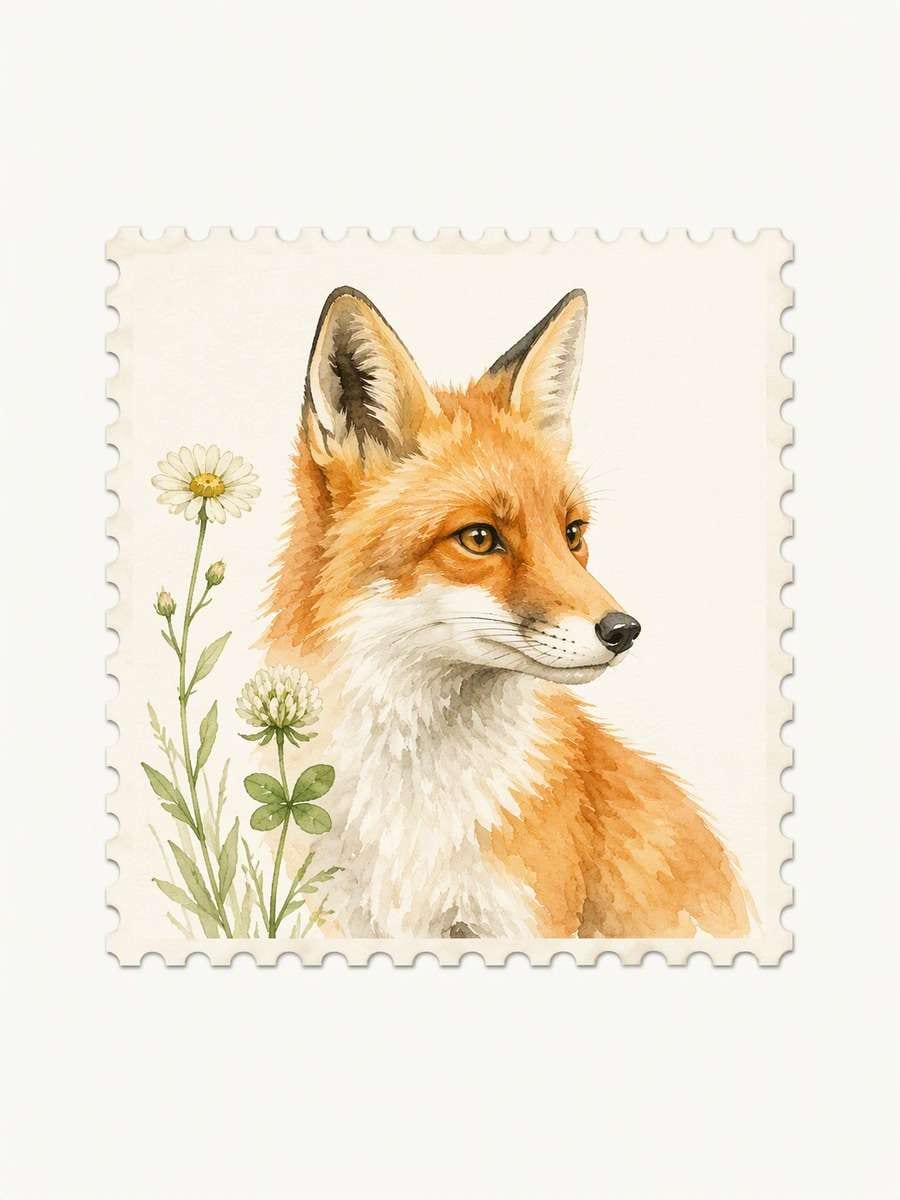 Fox and Wildflower Mini: AI-generated postage stamp image prompts example