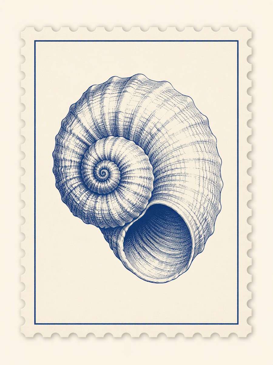 Seashell Engraved Mini: AI-generated postage stamp image prompts example