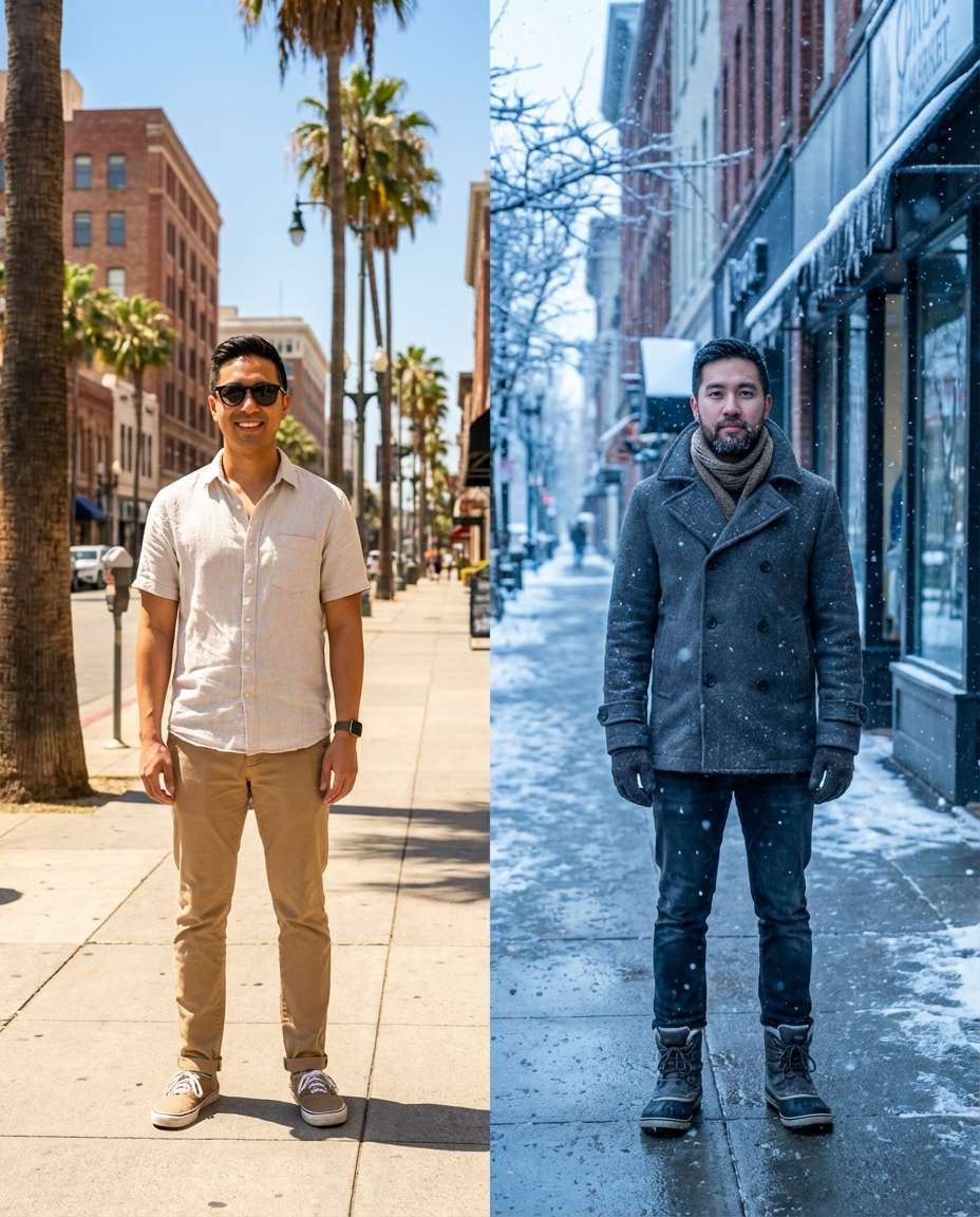 summer vs winter outfit photo