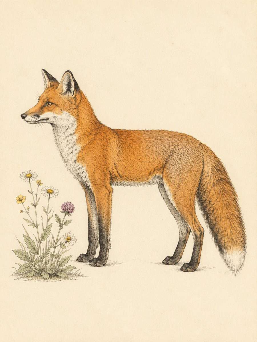Fox and Meadow Wildflowers: AI-generated vintage botanical animal art prompts example