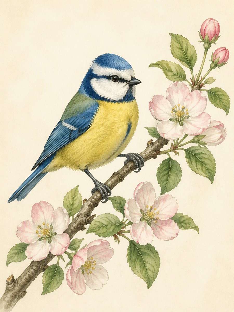 Blue Tit and Apple Blossom: AI-generated vintage botanical animal art prompts example