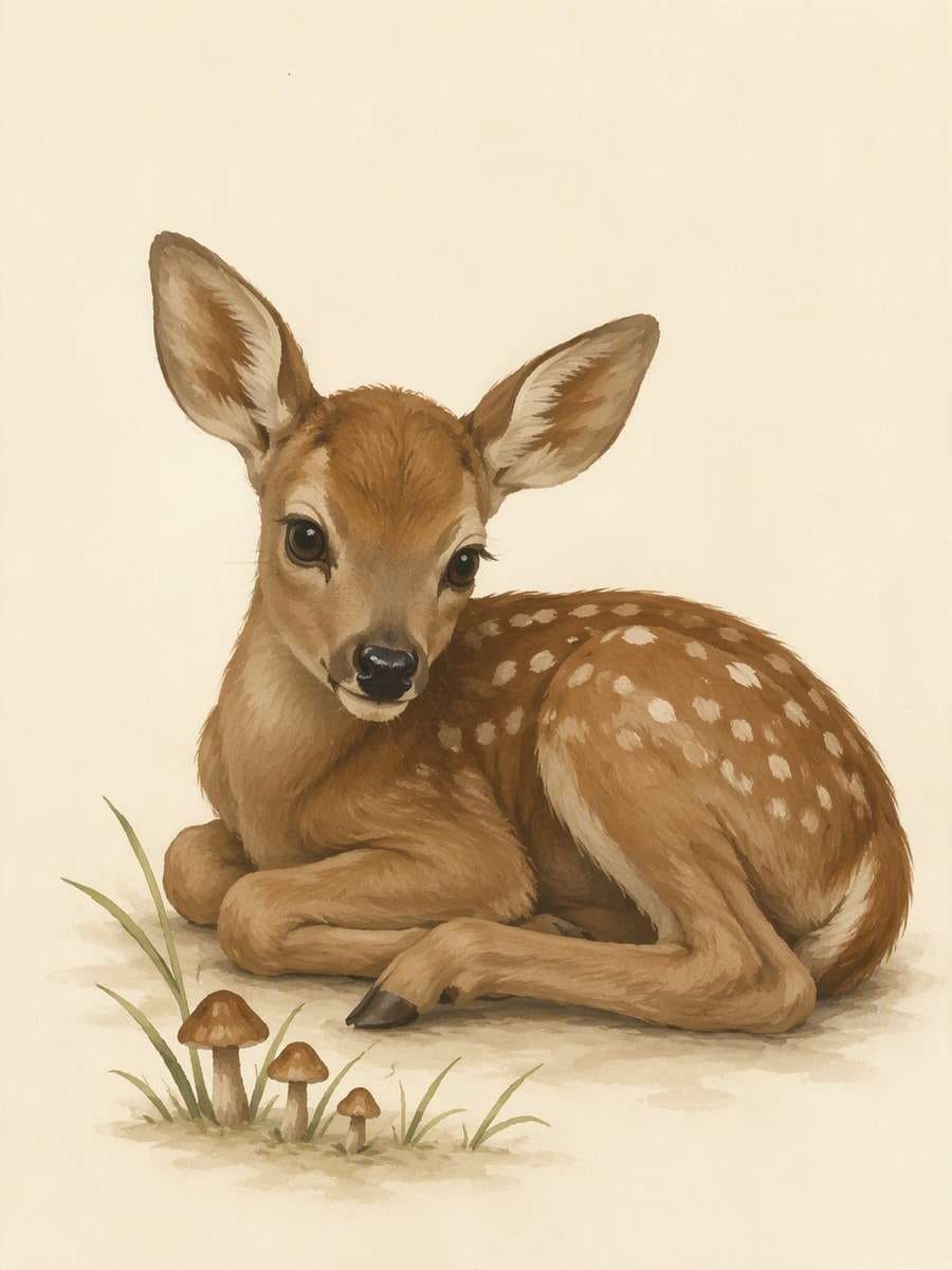 Fawn and Woodland Mushrooms: AI-generated vintage botanical animal art prompts example