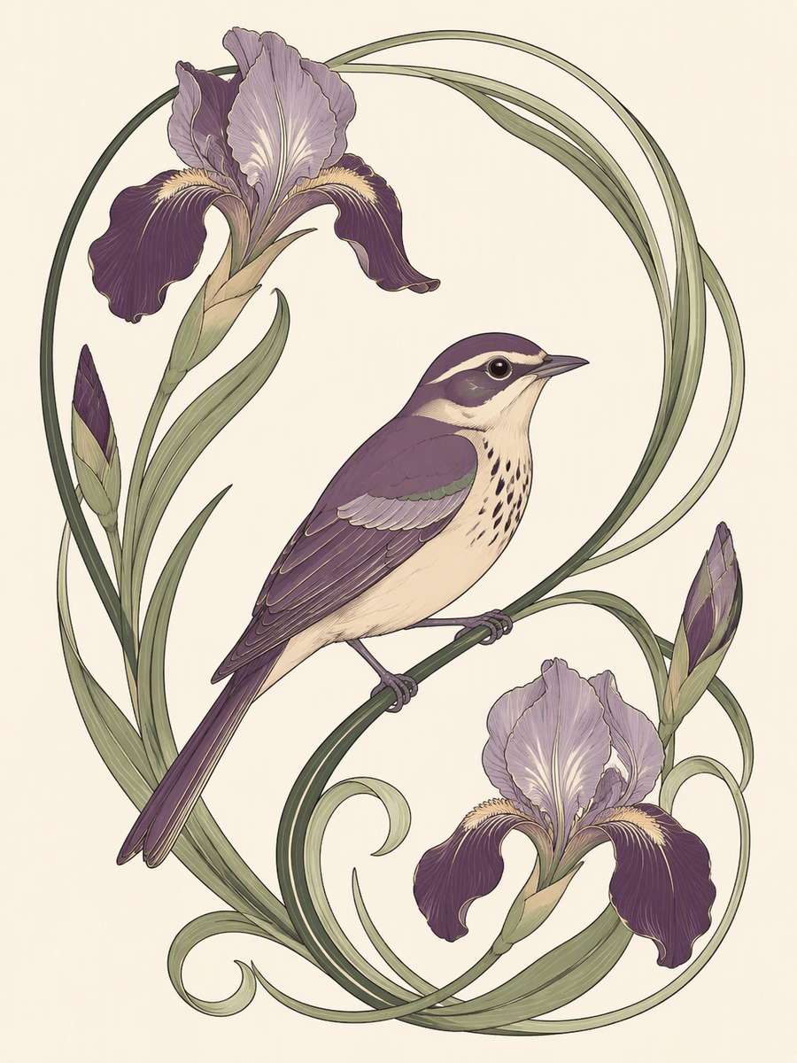 Art Nouveau Songbird and Iris: original AI-generated concept preview