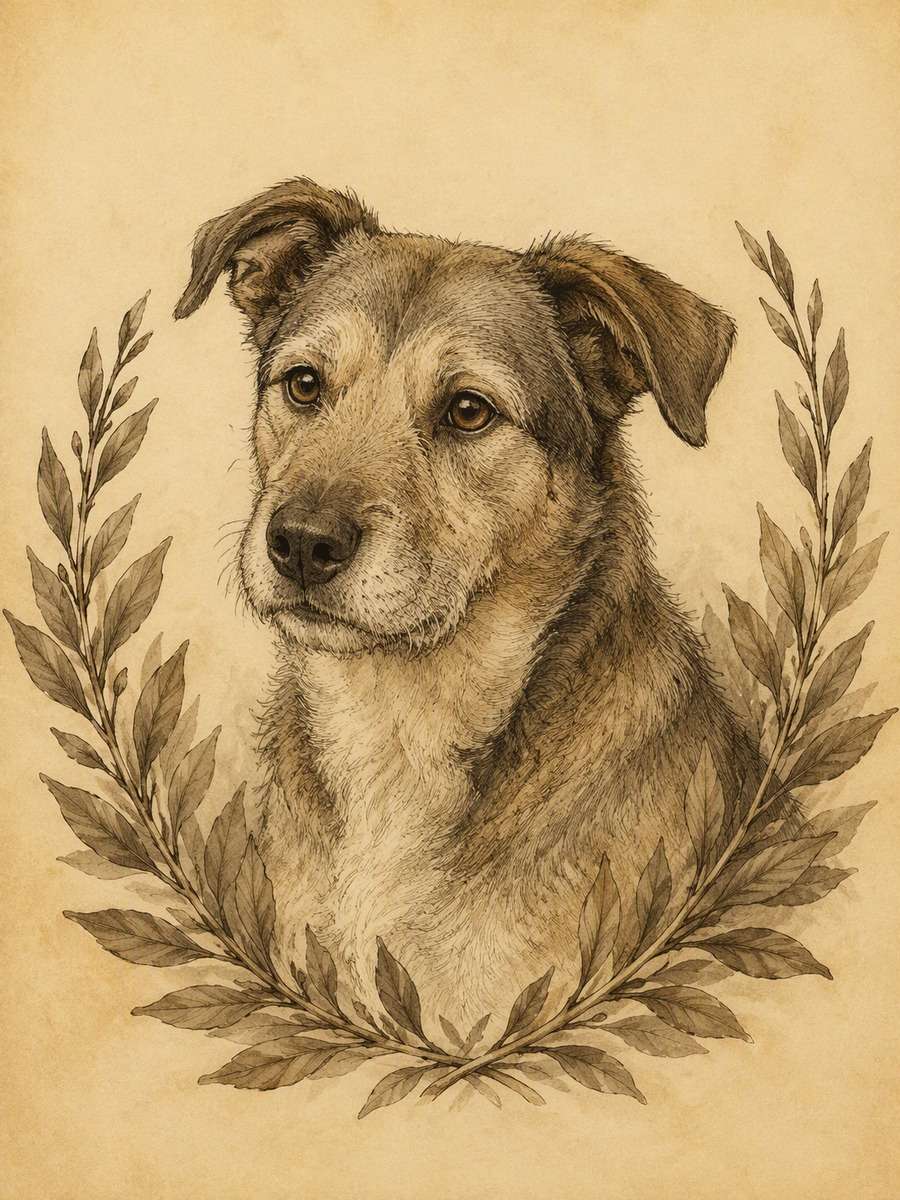 Dog Portrait and Laurel: AI-generated vintage botanical animal art prompts example