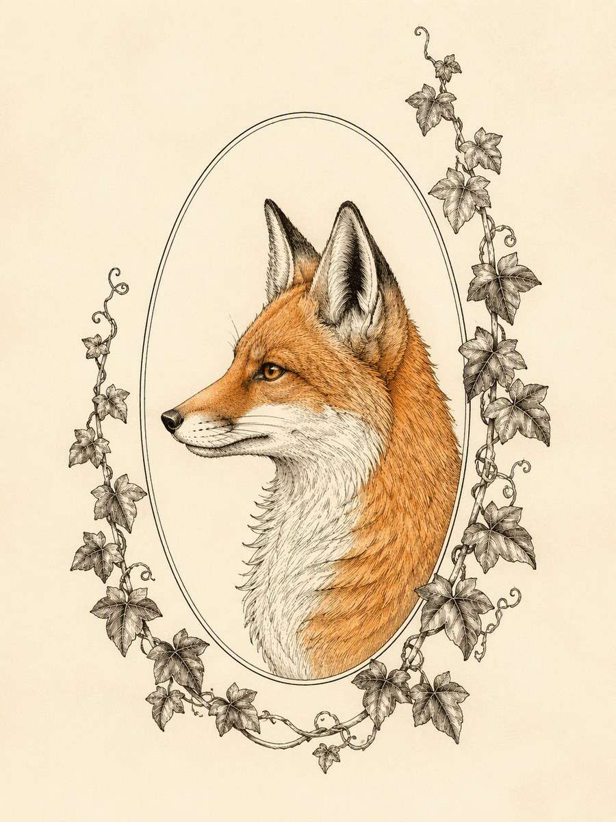 Fox Cameo and Ivy: AI-generated vintage botanical animal art prompts example