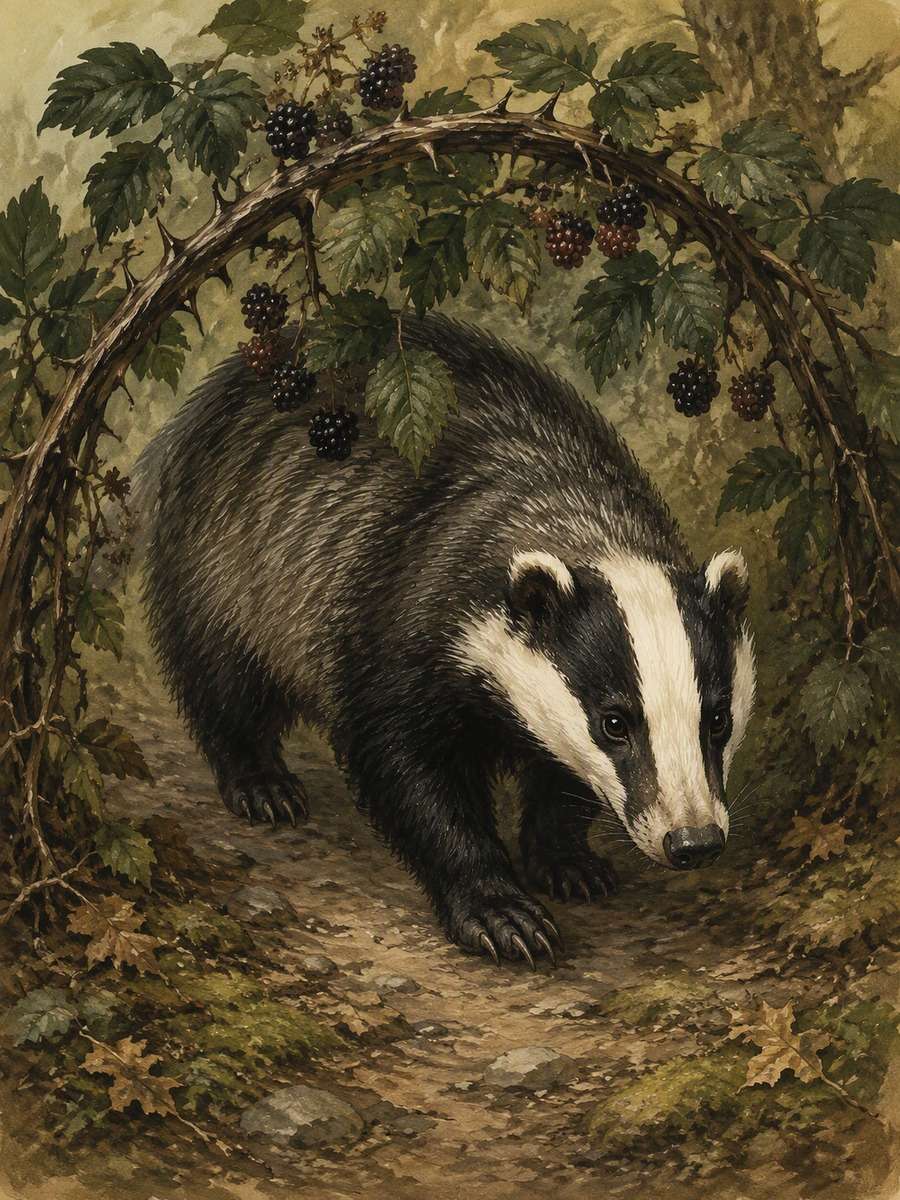 Badger Under Bramble: AI-generated vintage botanical animal art prompts example