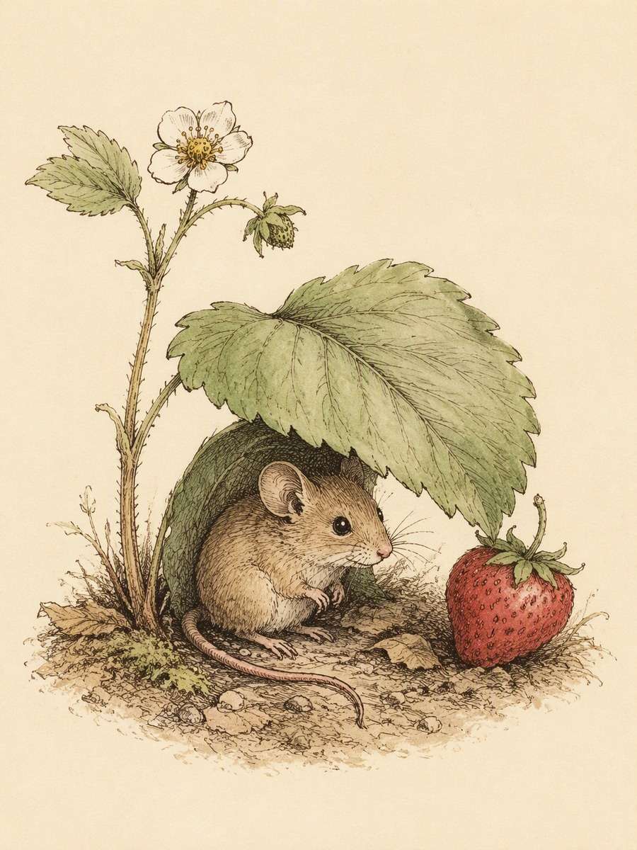Mouse and Strawberry Leaf: AI-generated vintage botanical animal art prompts example