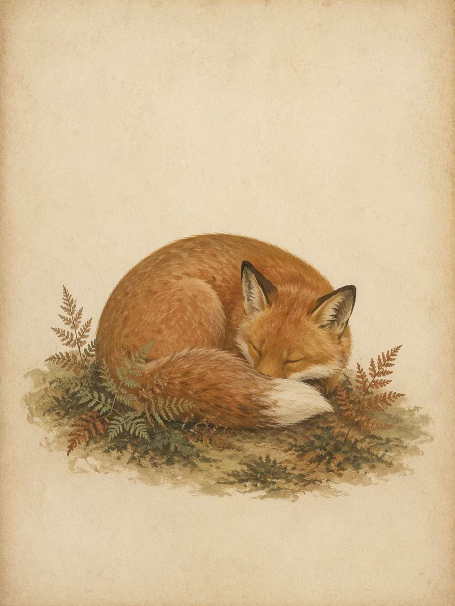 Sleeping Fox and Ferns: AI-generated vintage botanical animal art prompts example