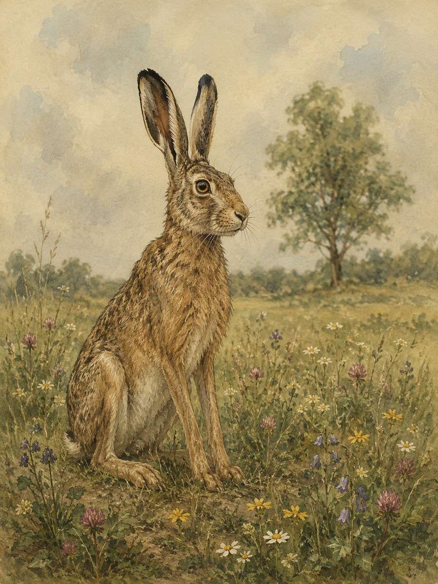 Hare in a Wildflower Clearing: AI-generated vintage botanical animal art prompts example