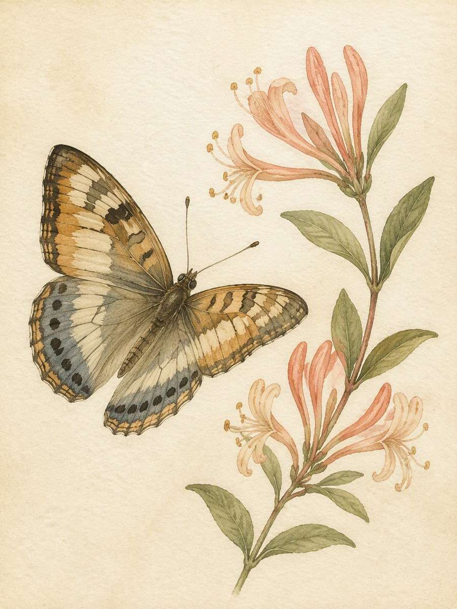 Butterfly and Honeysuckle Study: AI-generated vintage botanical animal art prompts example