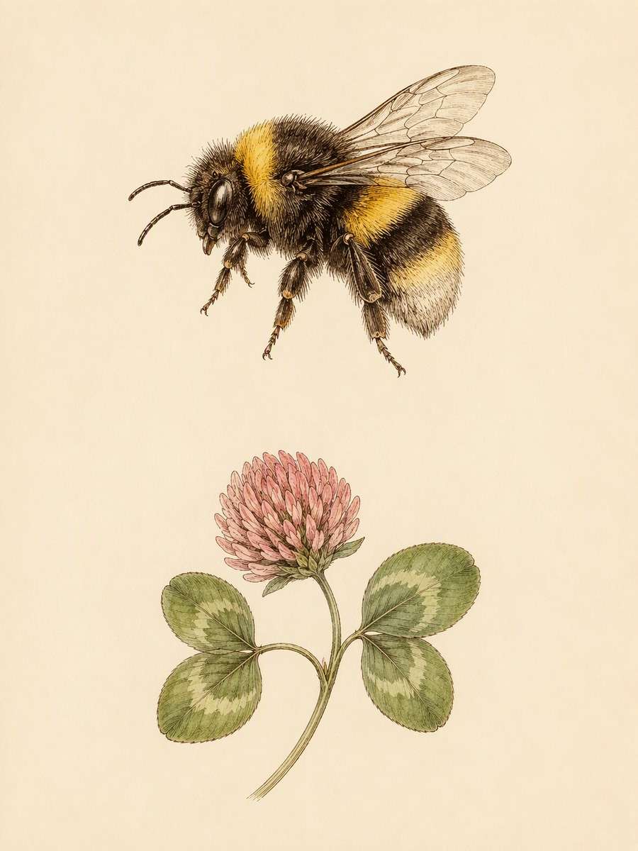 Bumblebee and Clover Pair: AI-generated vintage botanical animal art prompts example