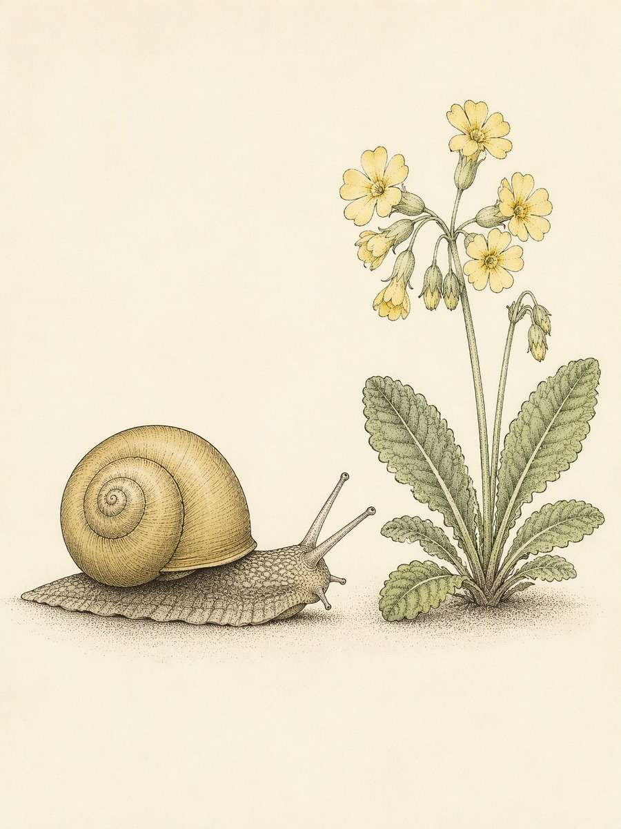 Snail and Primrose Sprig: AI-generated vintage botanical animal art prompts example