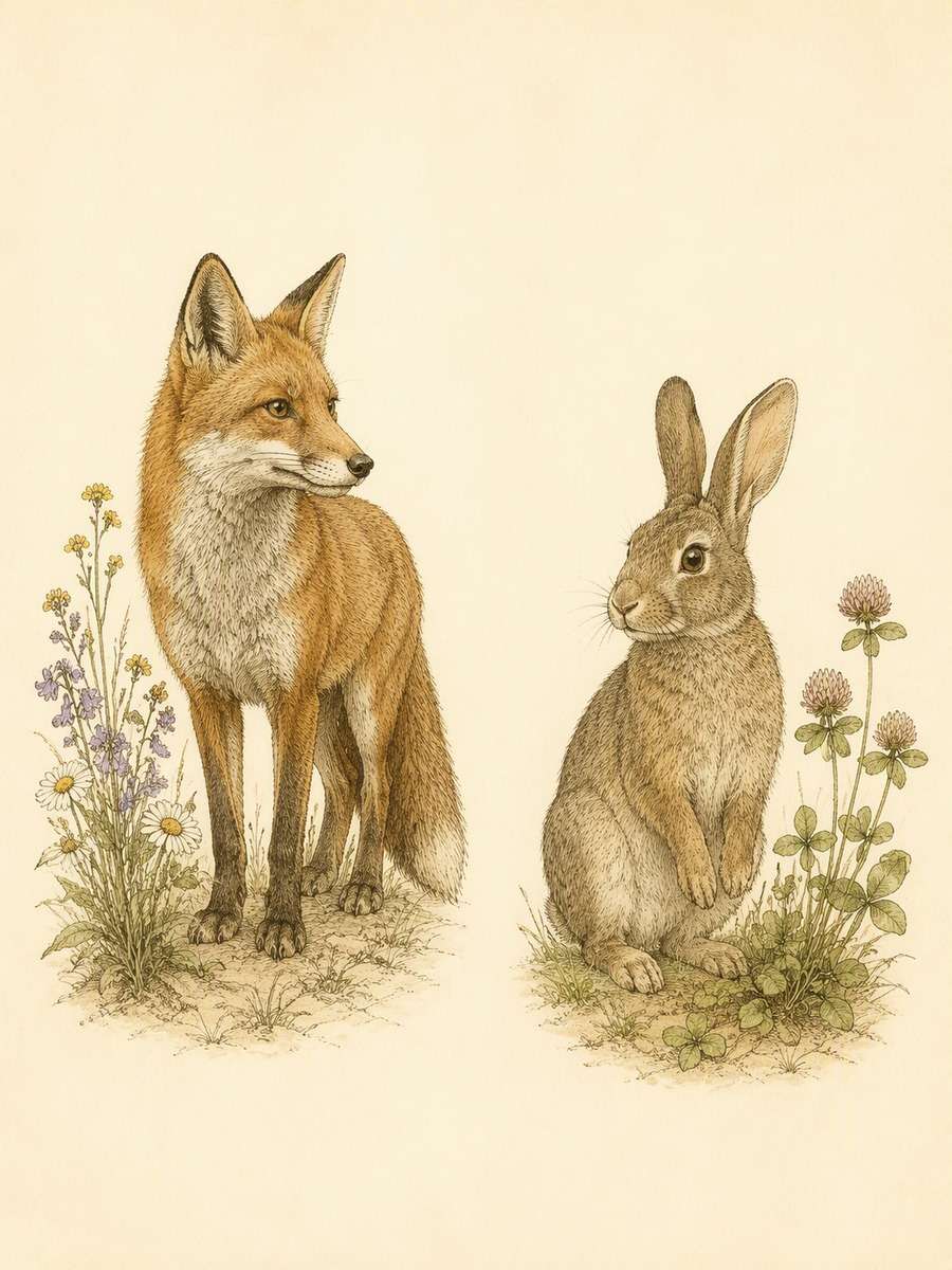 Fox-and-Rabbit Companion Prints: AI-generated vintage botanical animal art prompts example