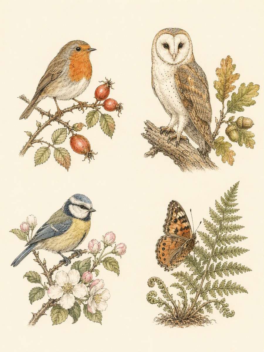 Bird-and-Botanical Quartet: AI-generated vintage botanical animal art prompts example