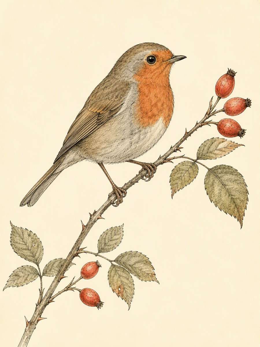 Robin and Rosehip Branch: AI-generated vintage botanical animal art prompts example