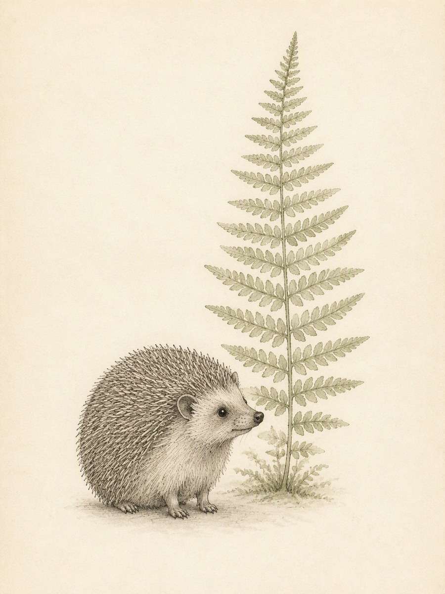 Hedgehog and Fern Frond: AI-generated vintage botanical animal art prompts example