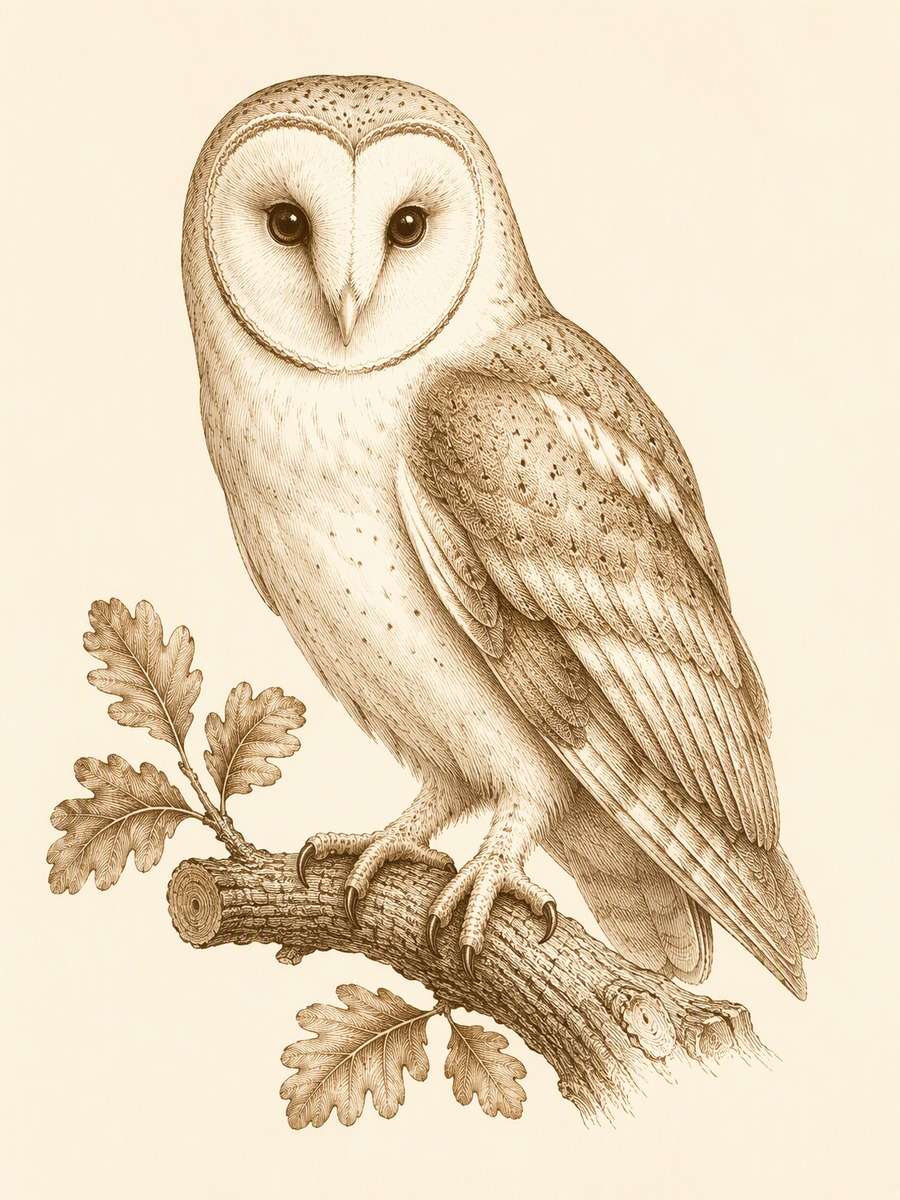Engraved Barn Owl: AI-generated vintage botanical animal art prompts example