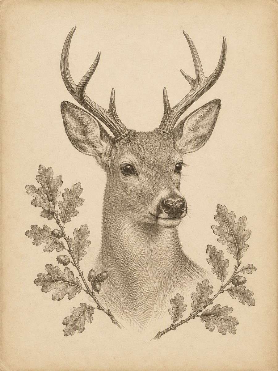Deer and Oak Leaves: AI-generated vintage botanical animal art prompts example