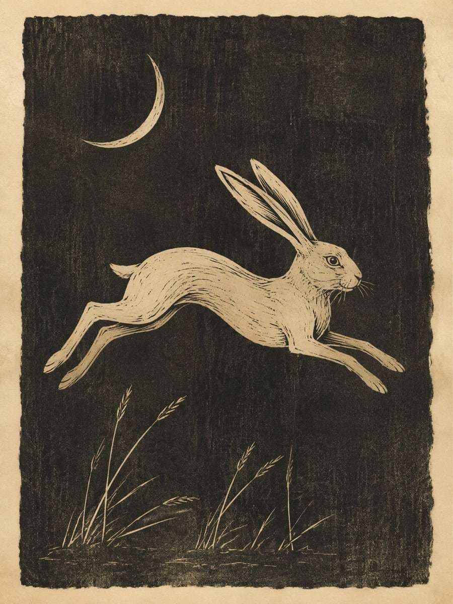 Woodblock Hare Moon: AI-generated vintage botanical animal art prompts example