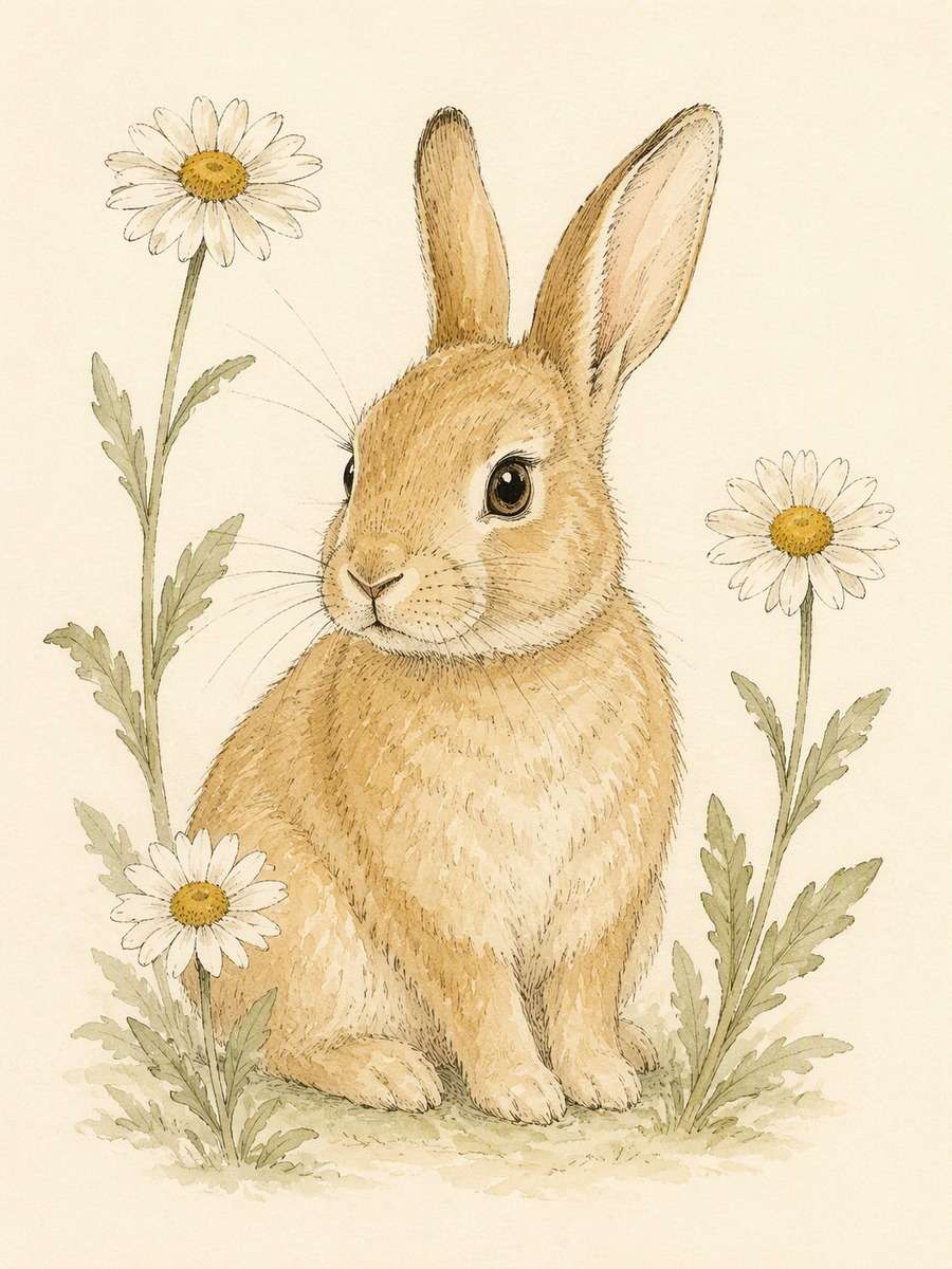 Watercolor Rabbit and Daisies: AI-generated vintage botanical animal art prompts example