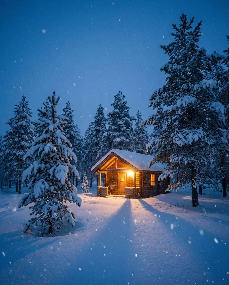 snowy cabin glow photo