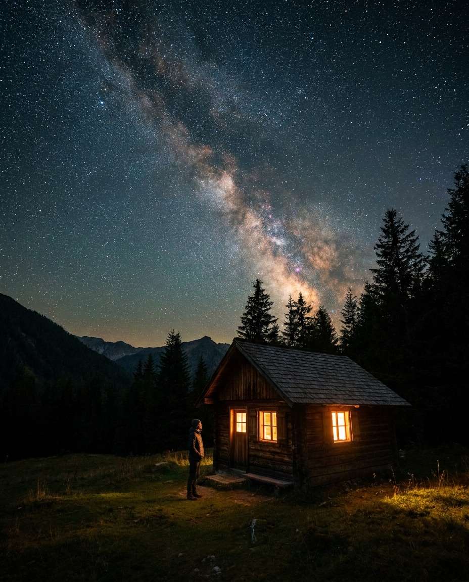 mountain cabin night photo