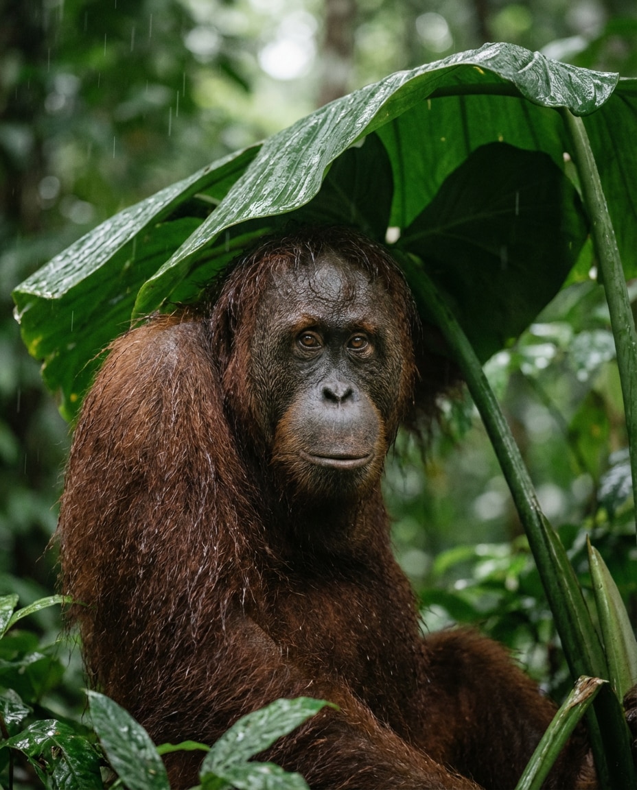 orangutan jungle rain photo