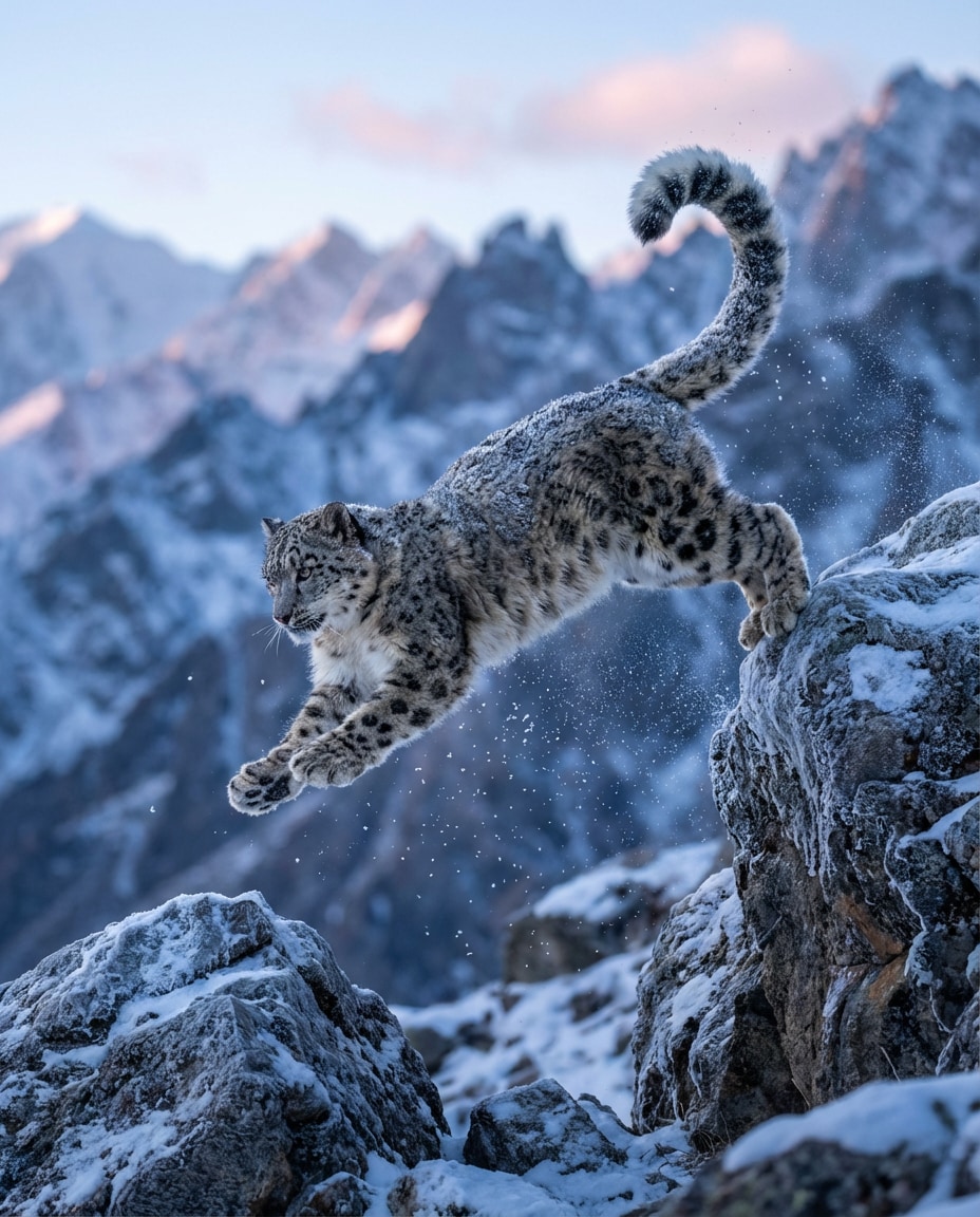 snow leopard leap photo