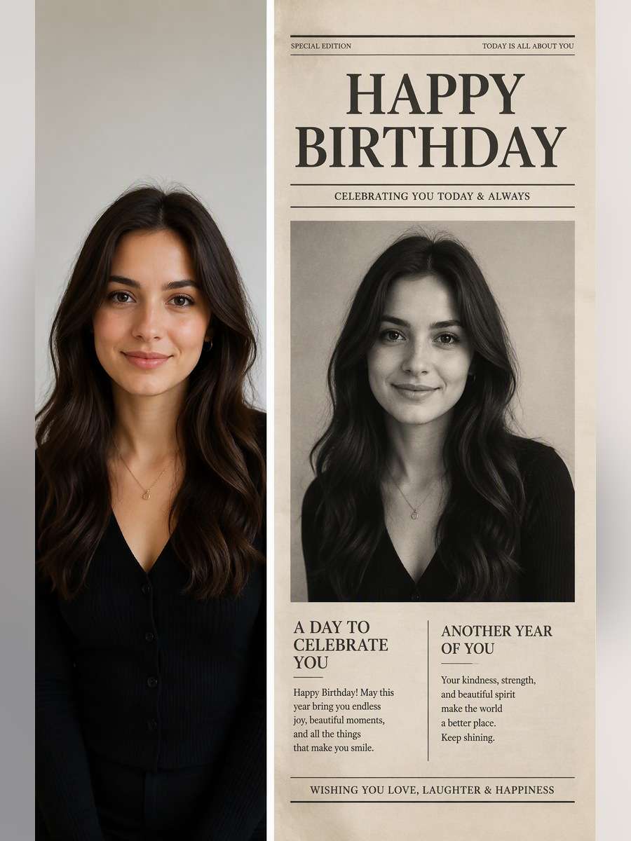 Minimalist Editorial Birthday Page - illustrative image-to-image before and after