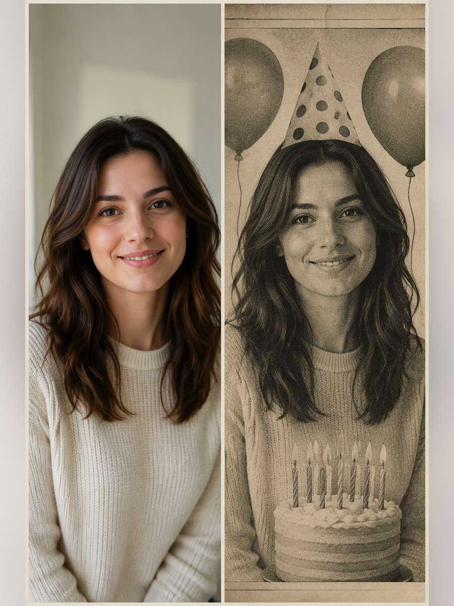 Vintage Newsprint Birthday - illustrative image-to-image before and after