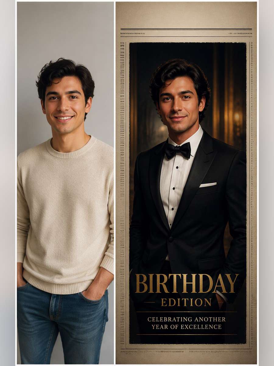 Black Tie Birthday Cover Story - illustrative image-to-image before and after