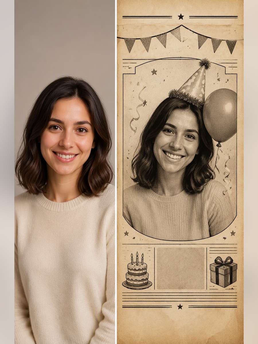 Playful Birthday Gazette - illustrative image-to-image before and after