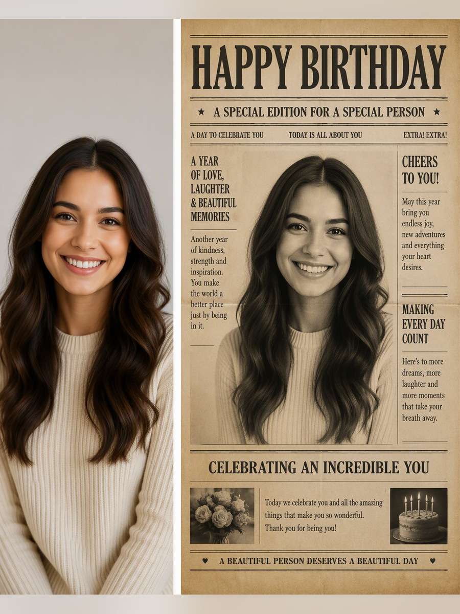 Keepsake Birthday Newspaper Design - illustrative image-to-image before and after