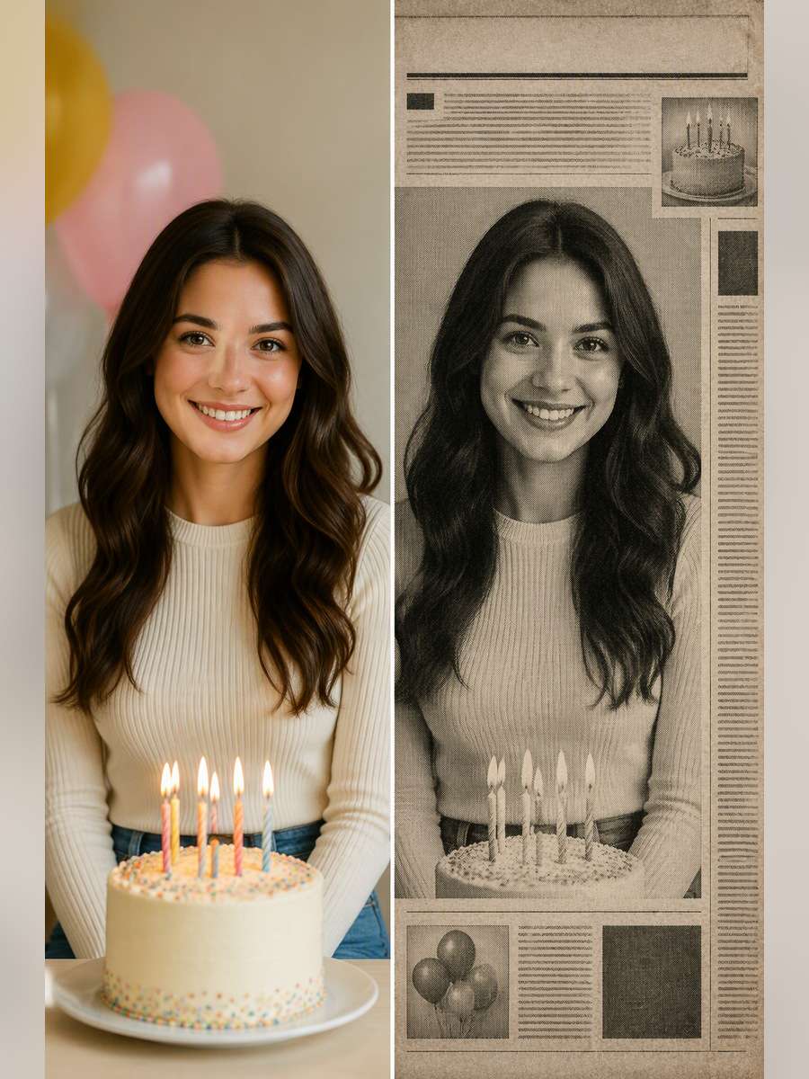 Monochrome Newsprint Look - illustrative image-to-image before and after