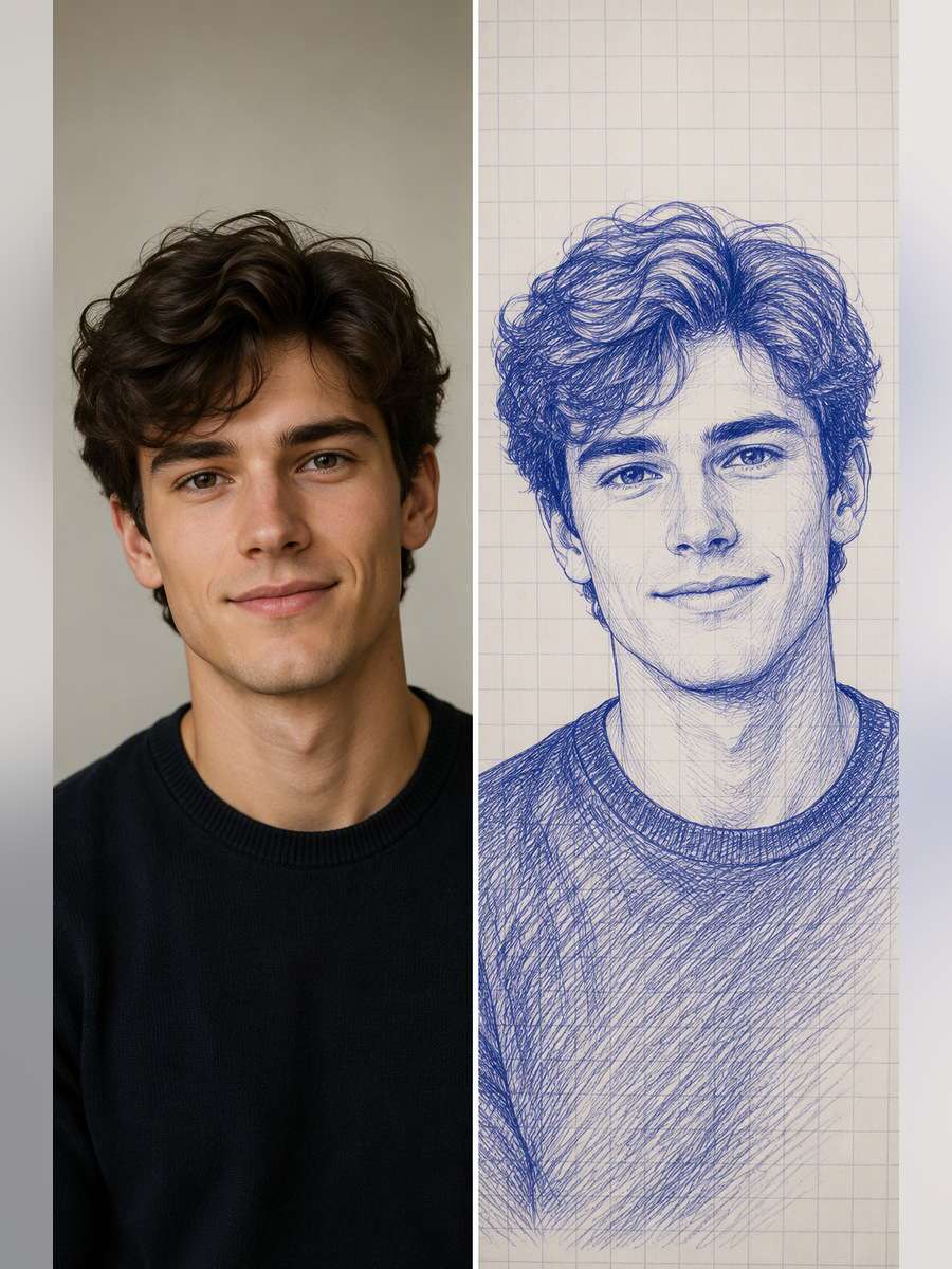 Casual Pen Portrait on Grid Paper - illustrative image-to-image before and after