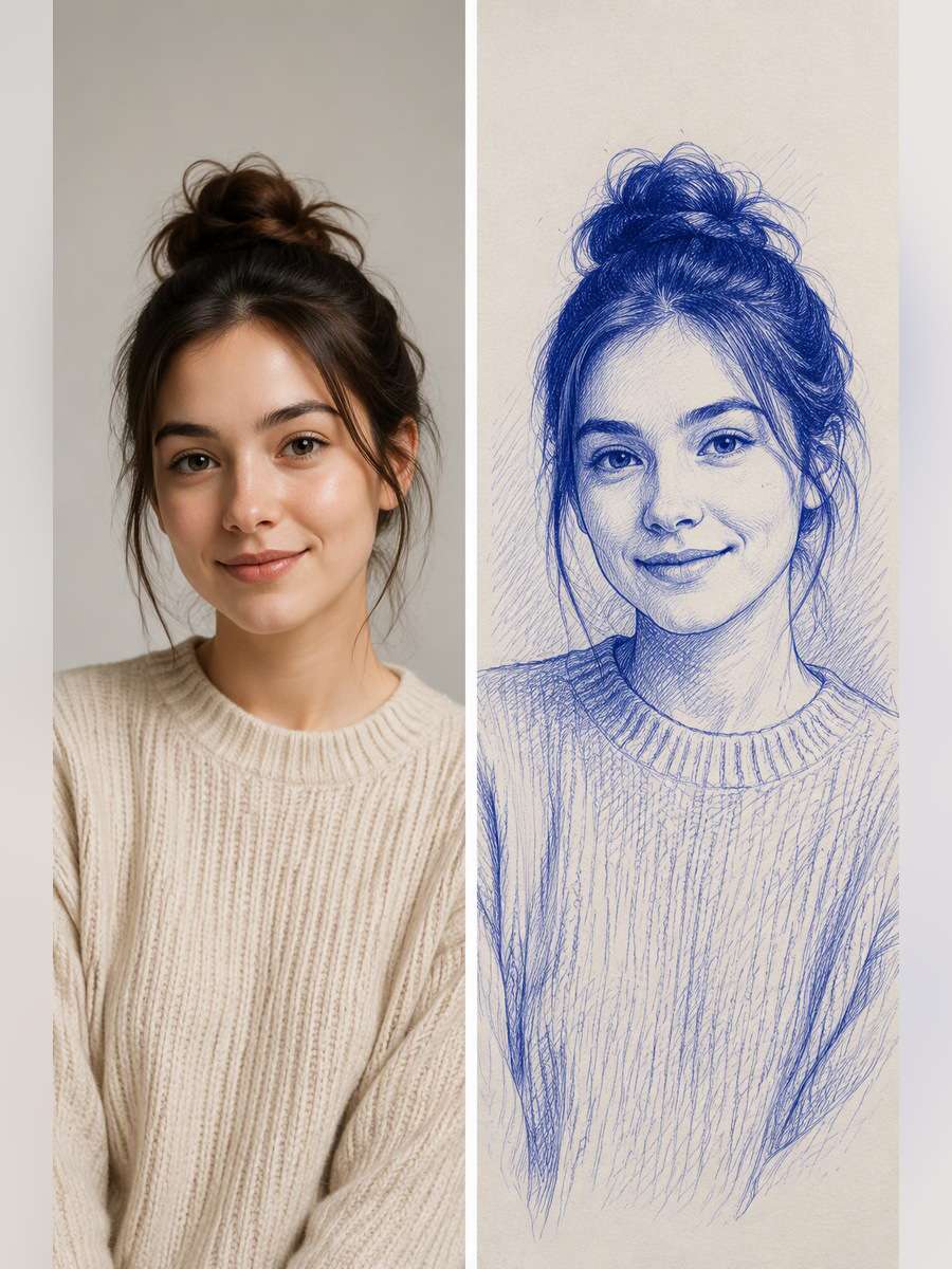 Blue Pen Art-Class Study - illustrative image-to-image before and after