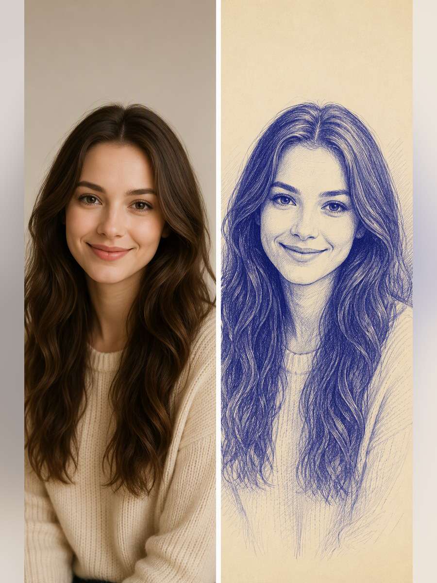 Blue Ink on Cream Paper - illustrative image-to-image before and after