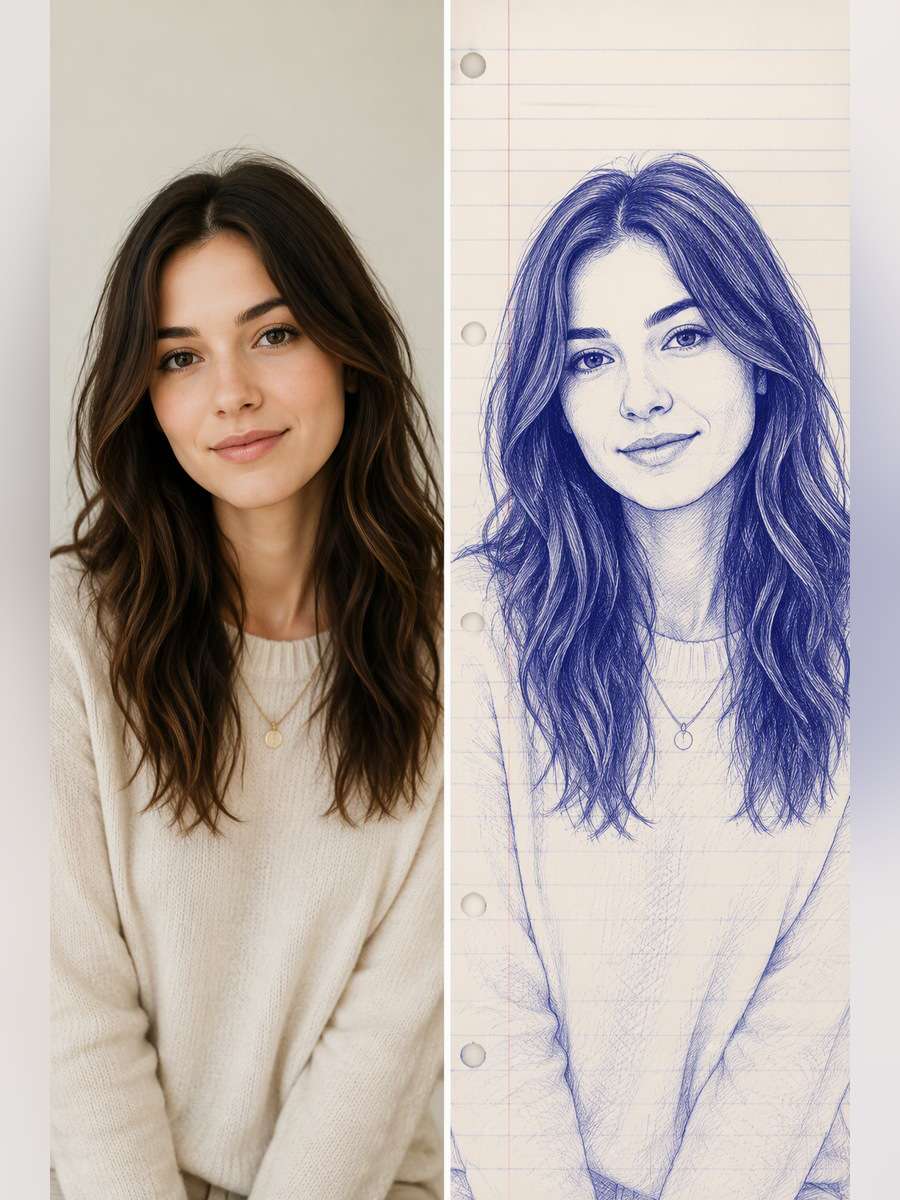 Portrait With Note-Page Feel - illustrative image-to-image before and after