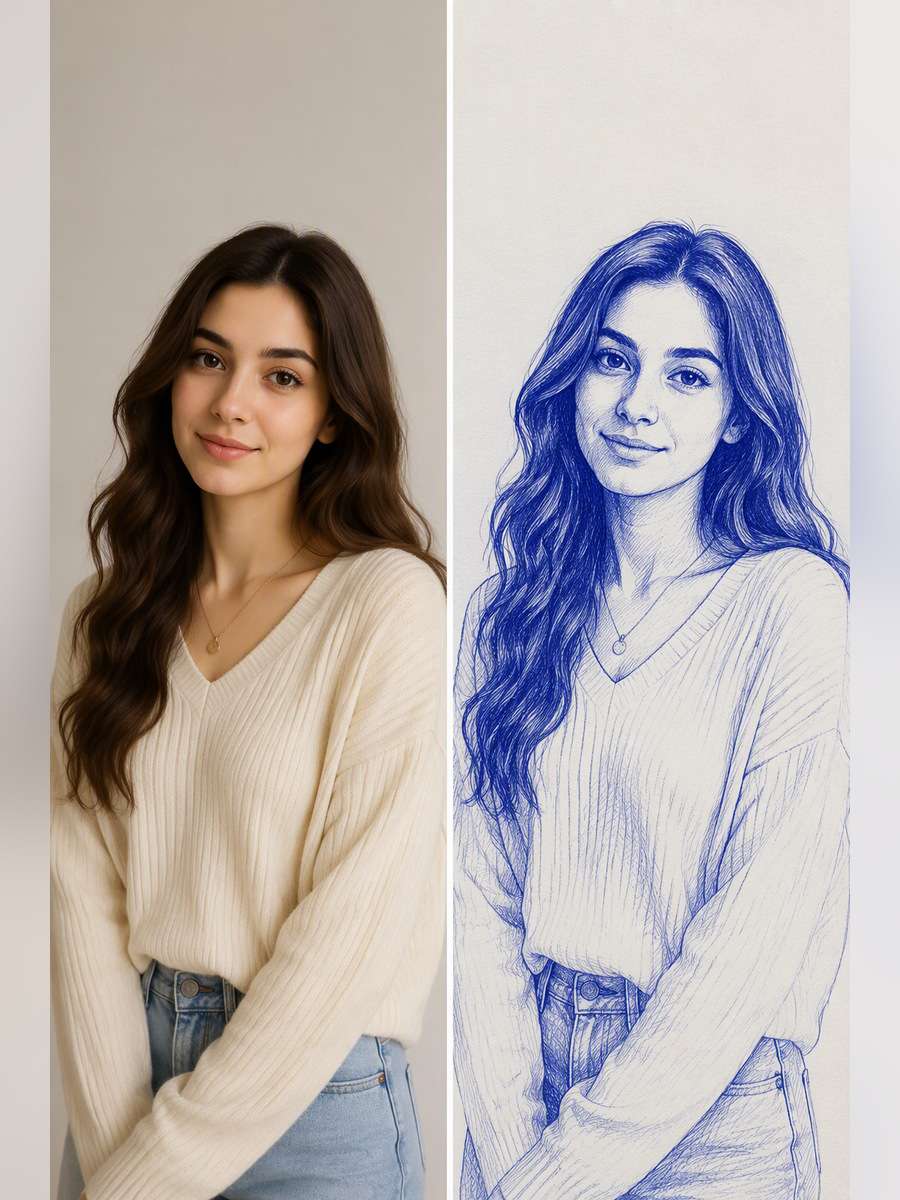 Blue Pen Half-Body Sketch - illustrative image-to-image before and after