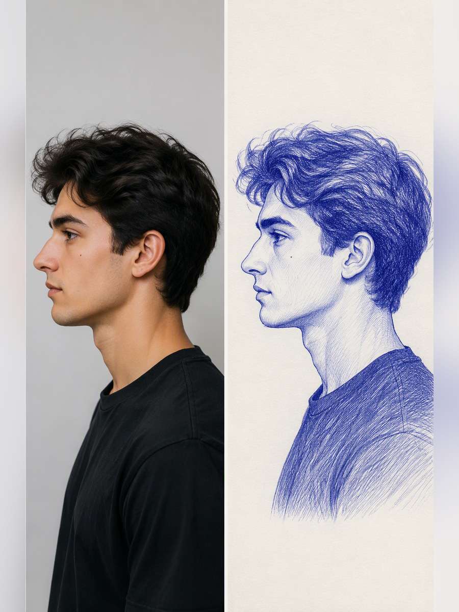Blue Pen Side-Profile Study - illustrative image-to-image before and after