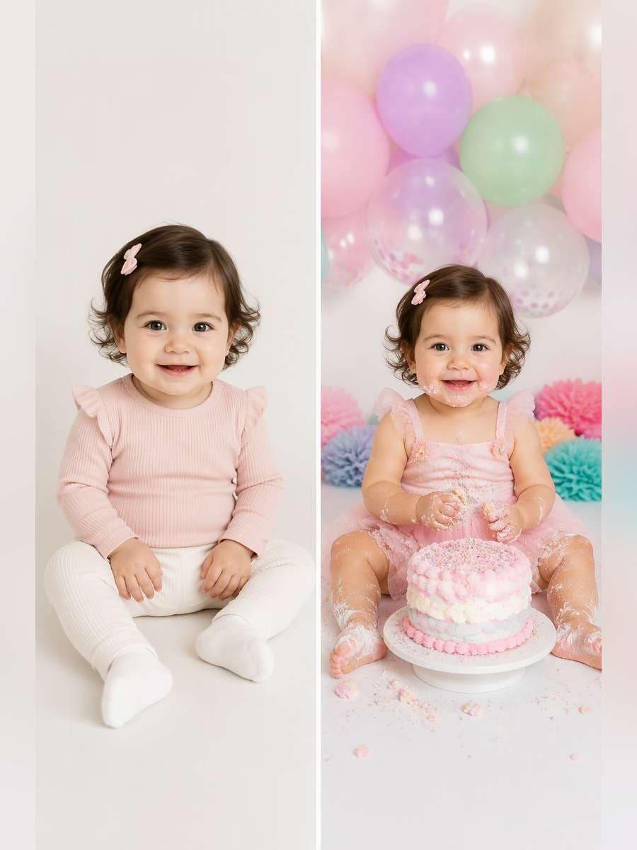 Pastel Balloon Cake Smash - illustrative image-to-image before and after