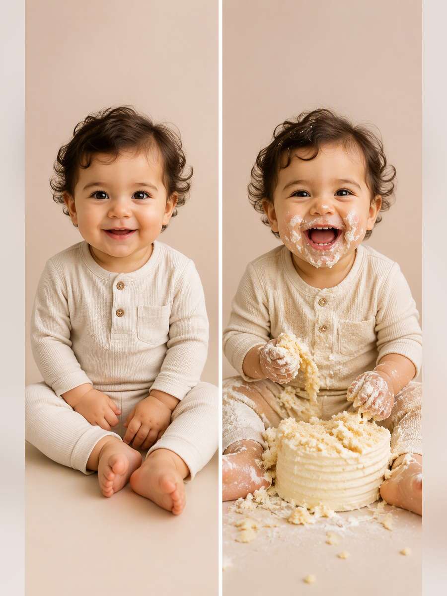 Messy Laugh Cake Smash - illustrative image-to-image before and after