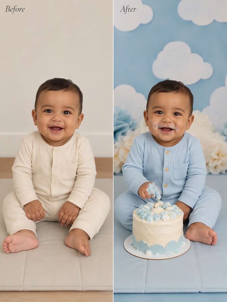 Blue First Birthday Smash - illustrative image-to-image before and after