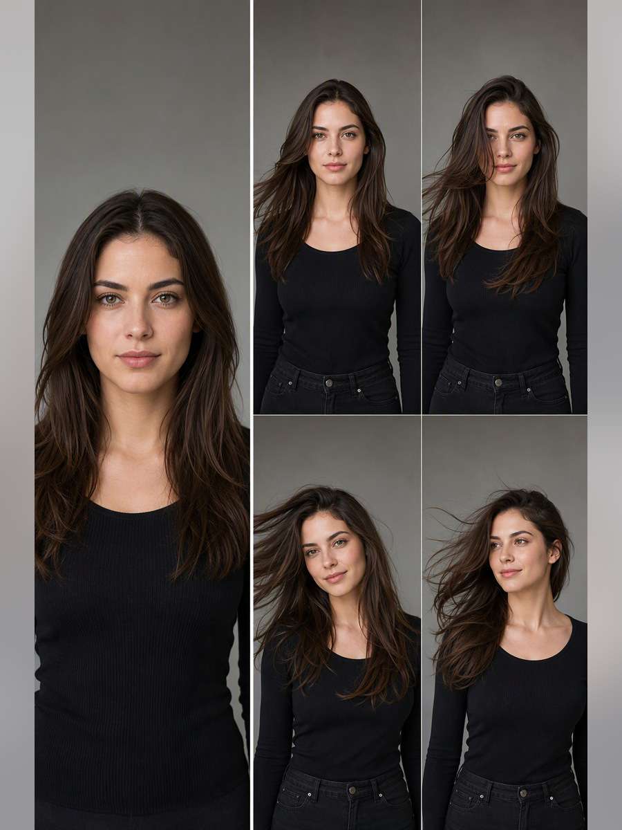 Studio Hair Movement Sequence — illustrative image-to-image before and after