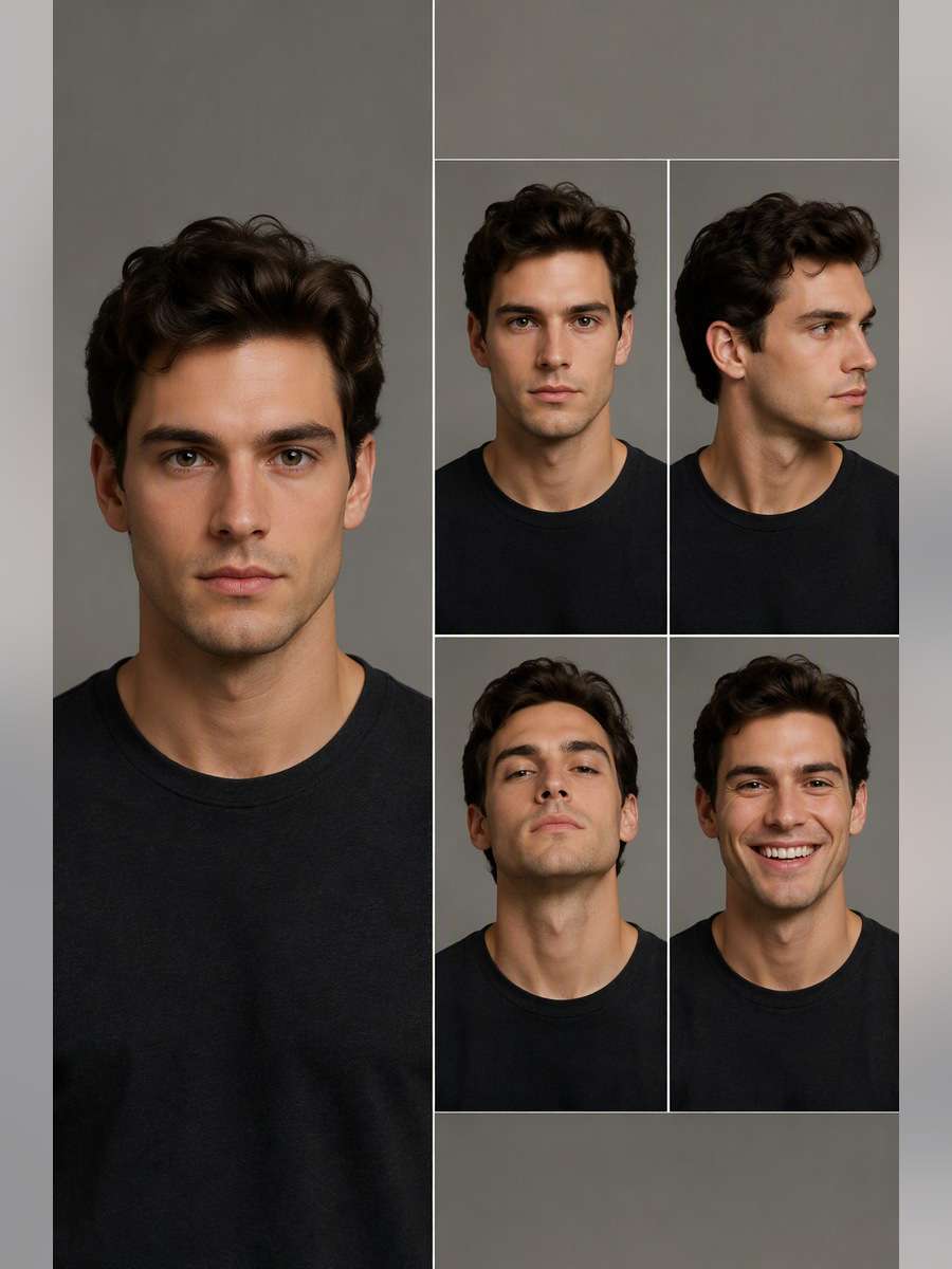 Neutral Gray Male Casting Test — illustrative image-to-image before and after
