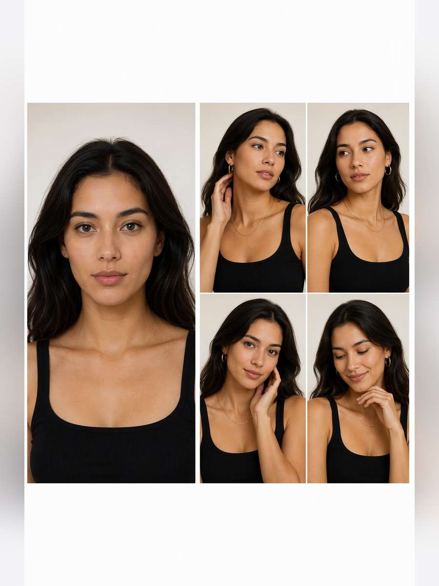 Minimal Jewelry Portrait Grid — illustrative image-to-image before and after