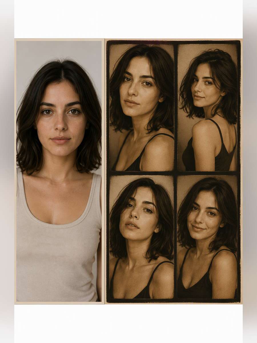 Warm Sepia Contact Sheet — illustrative image-to-image before and after