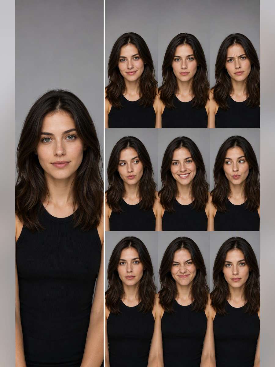 Nine-Frame Expression Study — illustrative image-to-image before and after