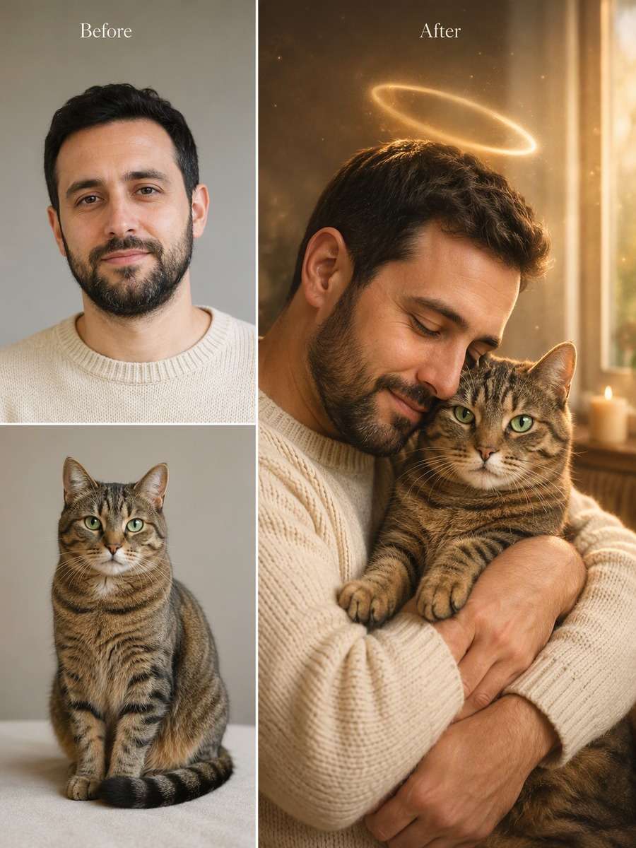 Window-Light Memory Hug: reference Before and AI-created remembrance After